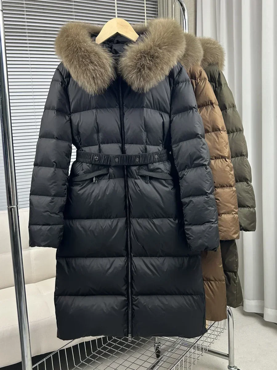 Long down jacket luxury Coat 2024 Winter women\'s fox fur collar Waist Thin fashion Warm Long Over the knee women\'s Down Jackets