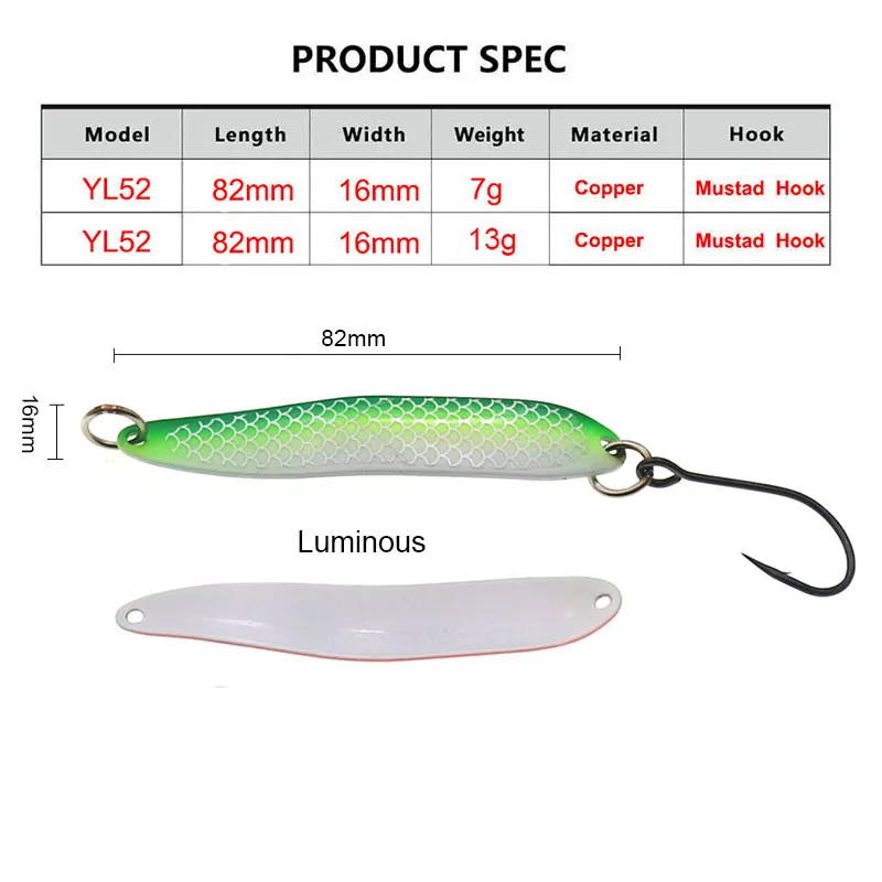 Luminous Metal Spoon 13g Hard Baits Spinner Bait Fishing Spoons Lure With Single Hook Jigging Fishing Lures