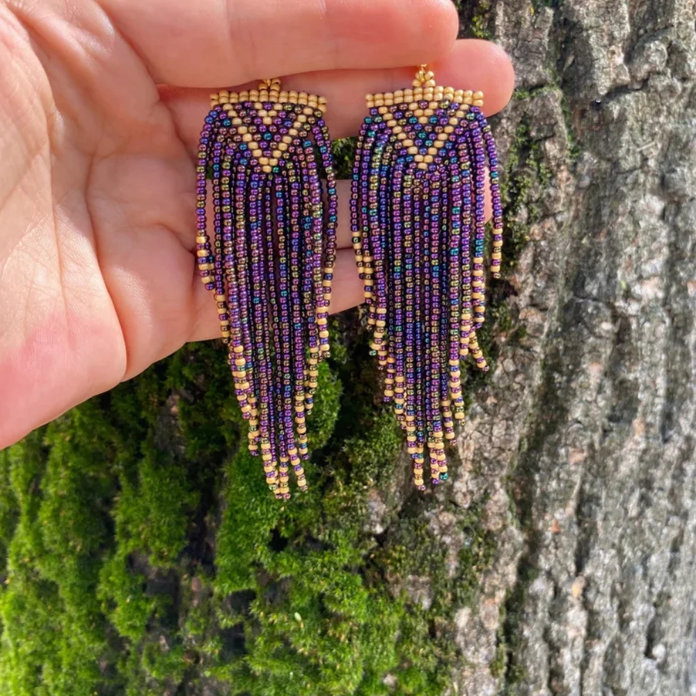 Beaded earrings Tassel Retro Bohemia Geometry Original Hand-woven Alloy female Triangle Trend Simple Rice bead earrings