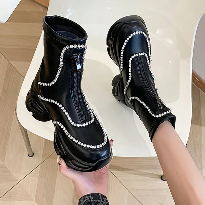 Winter Mid Heels Crystal Chelsea Boots Platform Ankle Women Luxury Shoes 2024 Fashion New Trend Zipper Brand Motorcycle Boots