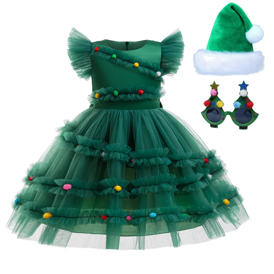 

Charming Green Puff Sleeve Tutu Dress With Hat Cute Sunglasses For Children Girls Christmas Birthdays Performances Tulle Gown