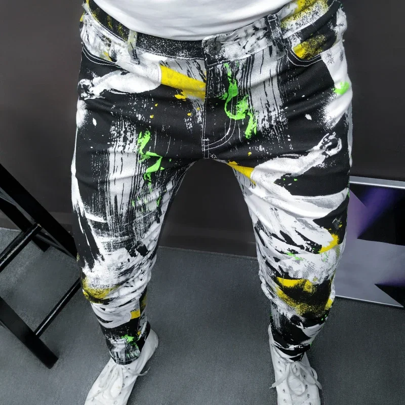 

Hip Hop Slim Fit Yellow Green Painted Jeans High Street Fashion Printed Big Size Jeans Men Vintage Party Dance Trousers