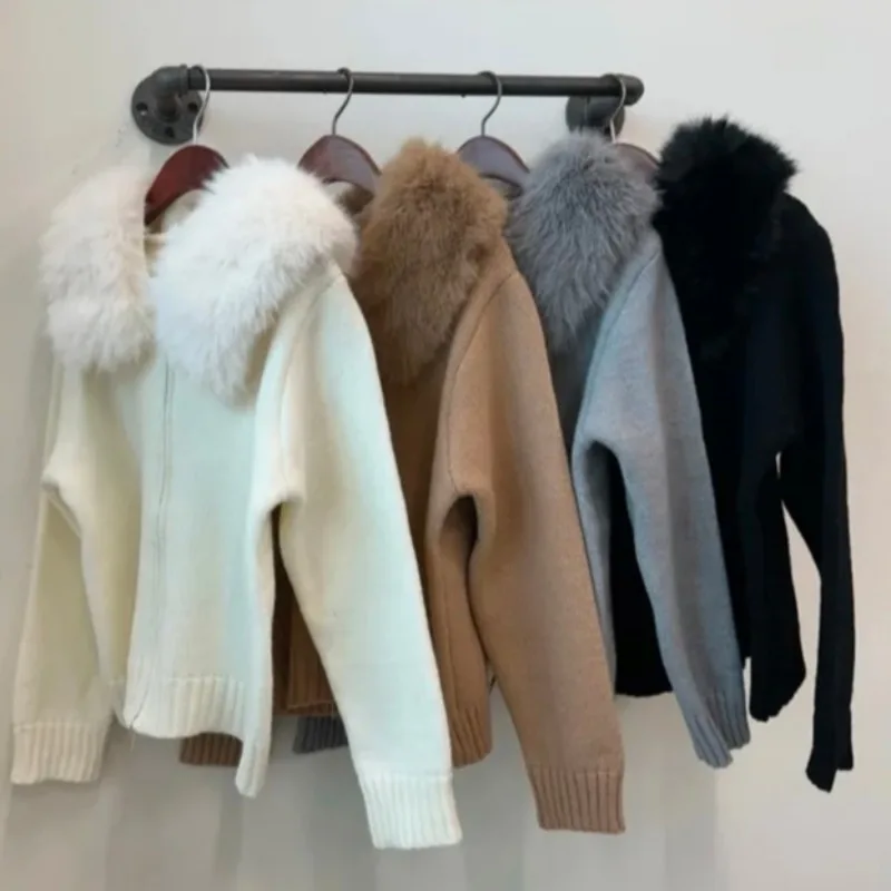 Maglione lavorato a maglia chic Jaet Donna Casual Allentato Lungo Sve Collo in pelliccia grande Maglieria con cappuccio Autunno Inverno Faion Capispalla