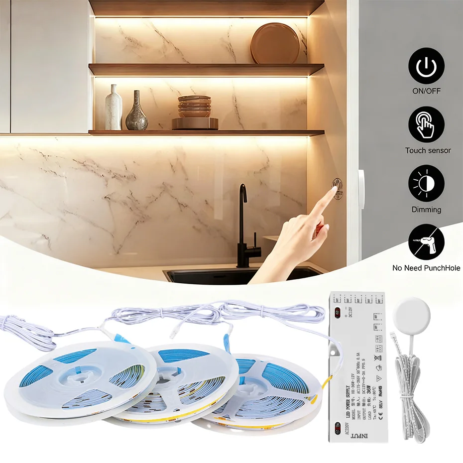 12V Led Strip Cob Cabinet Closet Light With Dubang EU AU UK US Penetrable Wood Touch Dimmer Switch Led Lighting Tape For Kitchen