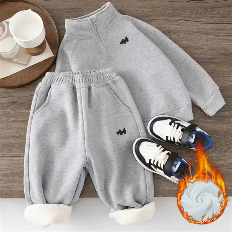 Children's Padded Suit Boys Thermal Set Girls Fleece Sweatshirt Pants 2Pcs Winter Warm Sports Outfits Kids Autumn Casual Clothes