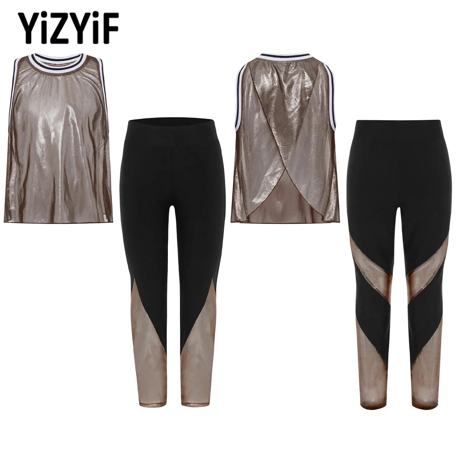 

Girls Trendy And Dynamic Style Jazz Hip-hop Figure Skating Dance Costume Sleeveless Metallic Mesh Tank Top+Leggings Sports Sets