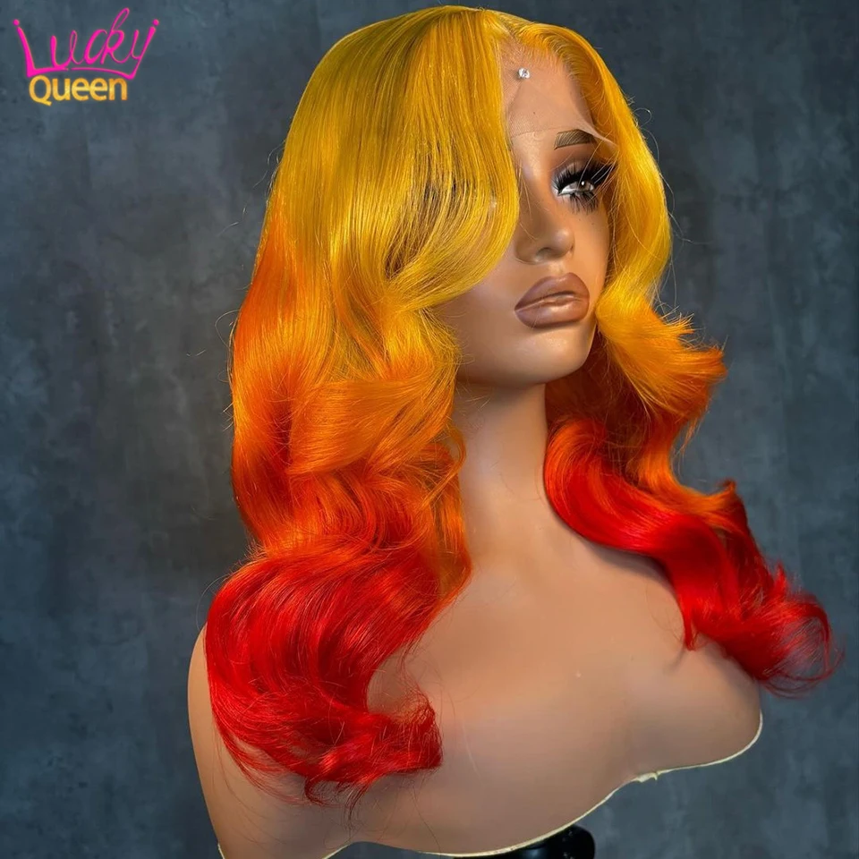 13x4 13X6 Body Wave Lace Frontal Wigs Omber Yellow Red Human Hair Wigs Lace Front Wig For Women Brazilian Remy Hair  Pre Plucked