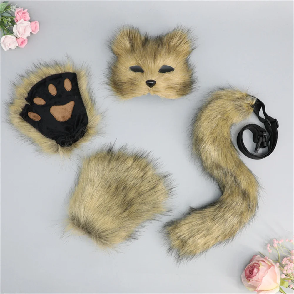 

3 Colors Half-Face Therian Cat Mask Animal Tail Plush Mask Leaky Fingers Cat Claws Faux Therian Paws Gloves Wolf Fox Tail