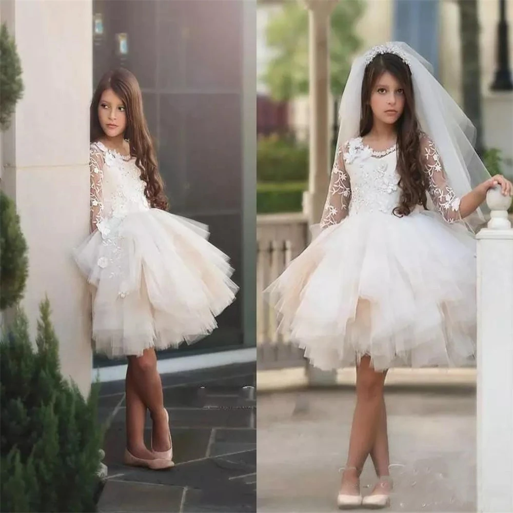 

Holy Long-sleeved Tulle Lace Layered Flower Girl Dress Princess Ball First Communion Dresses Kids Surprise Birthday Present