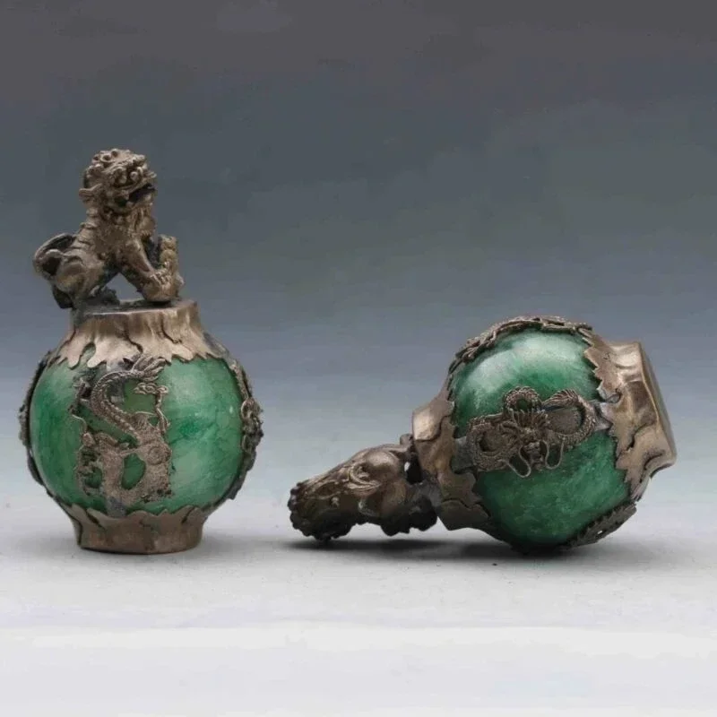 EXQUISITE CHINESE SILVER DRAGON INLAID GREEN JADE HAND CARVED PAIR LION STATUE