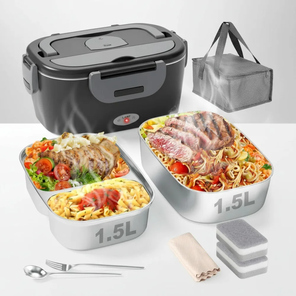 

Портативный электрический ланч-бокс — быстрый нагрев мощностью 80 Вт, двойные контейнеры из нержавеющей стали объемом 1,5 л для офиса, автомобиля и путешествий