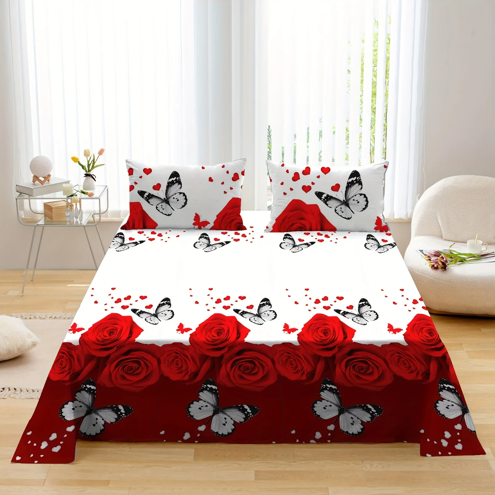 4 pieces of rose butterfly bed hat, bed sheet and pillowcase, comfortable and soft, suitable for all seasons, festival gift,