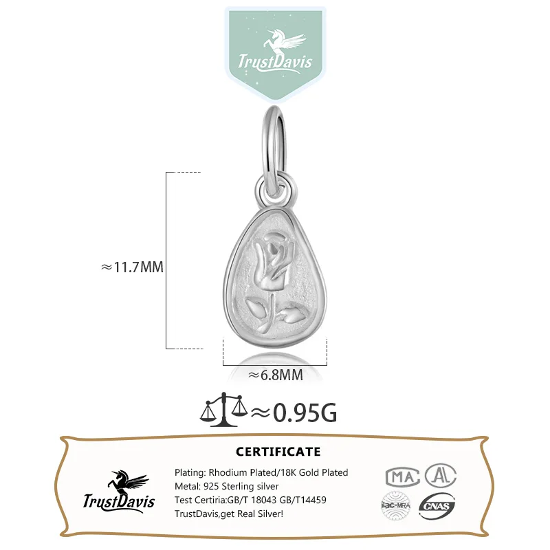 TrustDavis Real 925 Sterling Silver Charm Rose Charm Pendant Handmade DIY Accessories Fine Jewelry Wholesale DZ1775