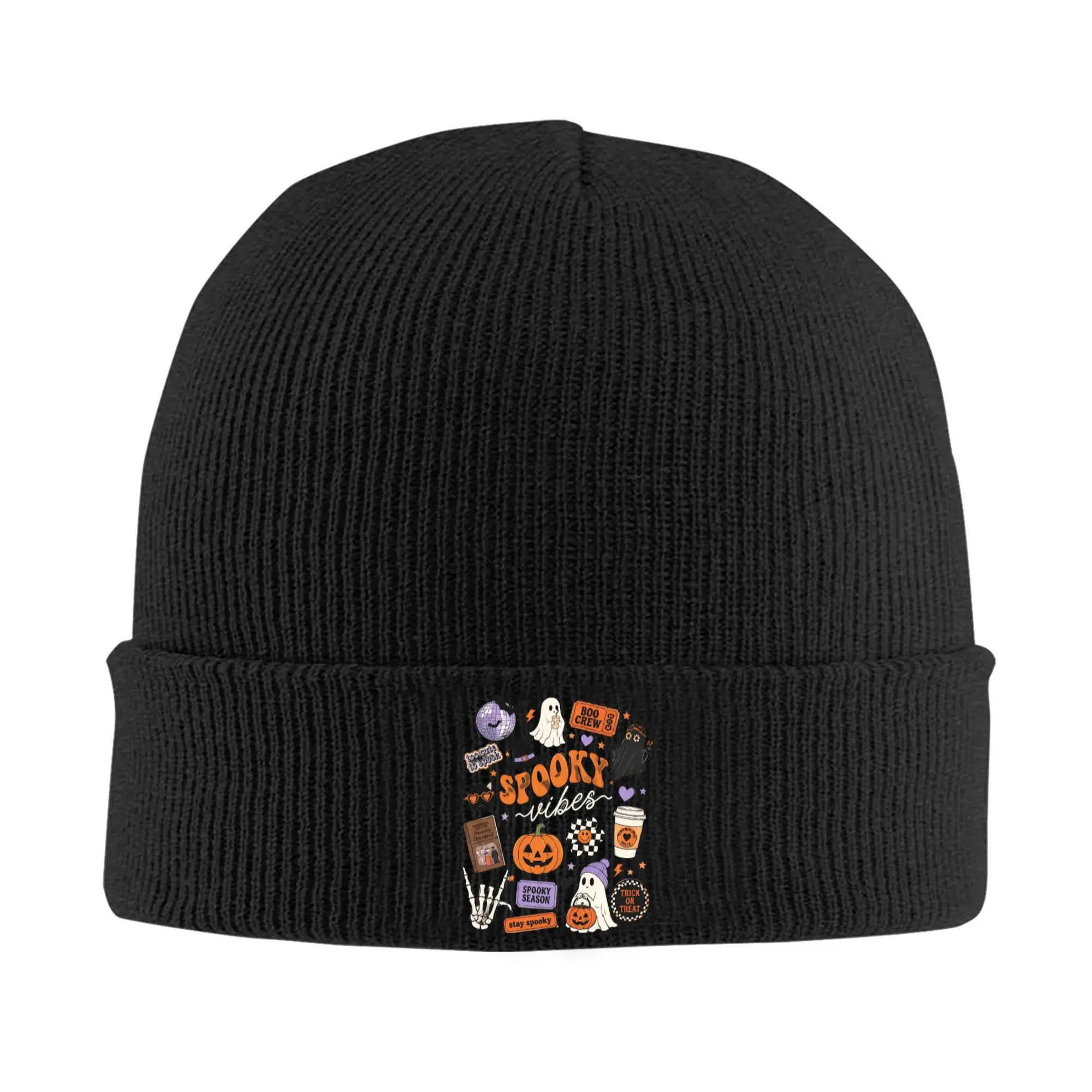 Spooky Vibes Halloween Ghost Pumpkin Knitted Caps for Women Men Beanies Winter Hat Acrylic  Warm Melon Cap
