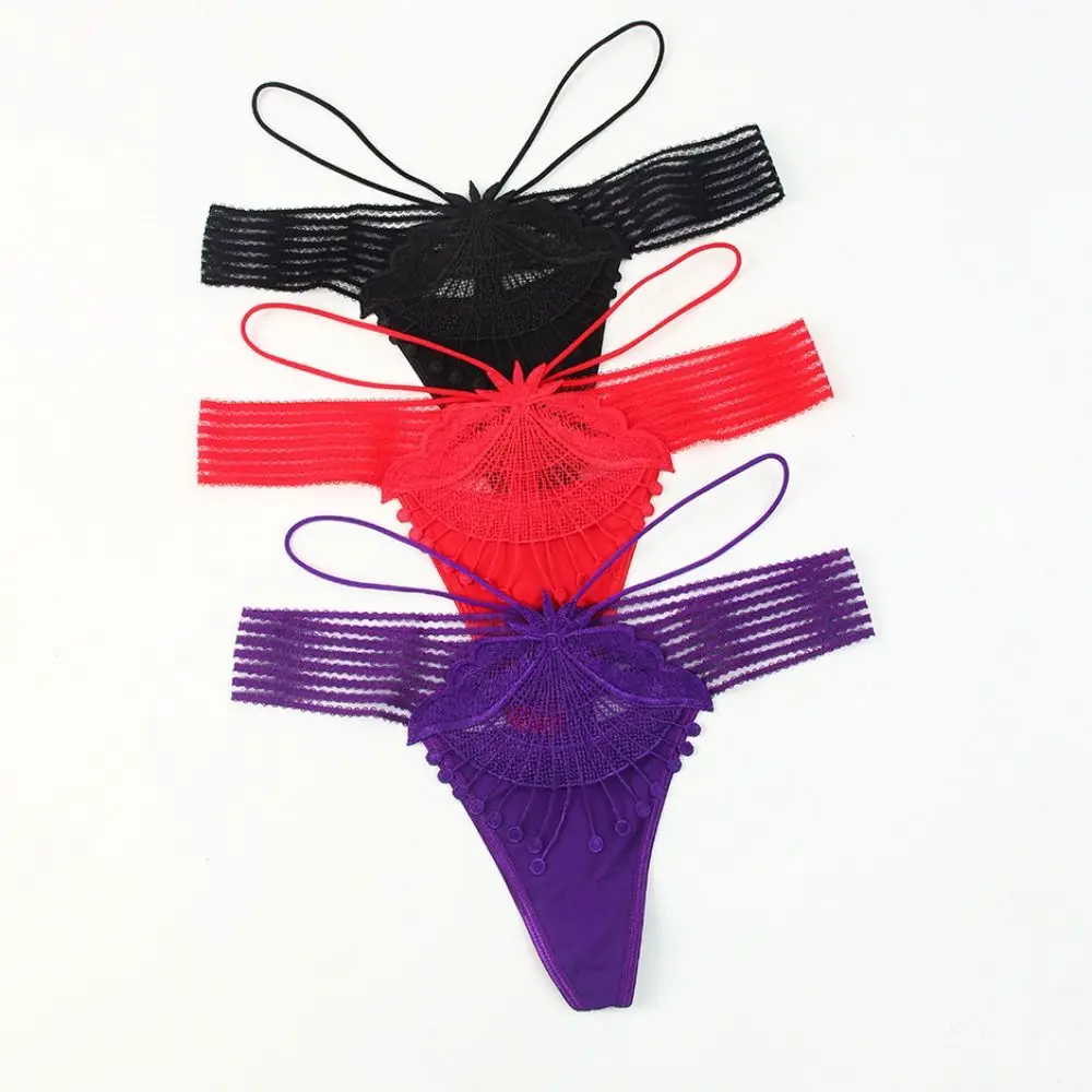 Embroidery Sexy Hollow Out Thongs Underpants Cotton Crotch Sexy G Strings Low-Waist Briefs Nylon Ice Silk Panties Female