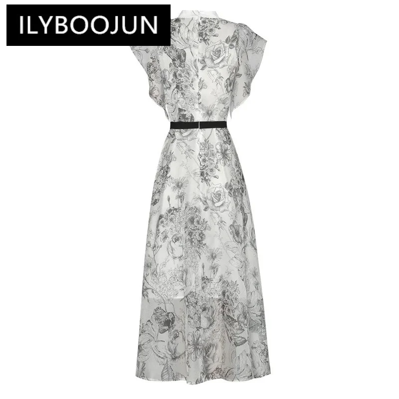 ILYBOOJUN Summer Fashion Runway Dress Women Vintage Temperament Floral Print Tunics Chiffon Disc Buckle Butterfly Sleeve Dresses