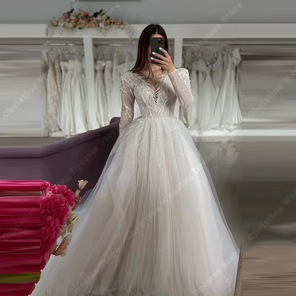 

Sexy V-Neck Women Wedding Dresses Elegant Backless A-Line Long Sleeves Bridal Gowns Princess Party Vestidos De Novias Customized