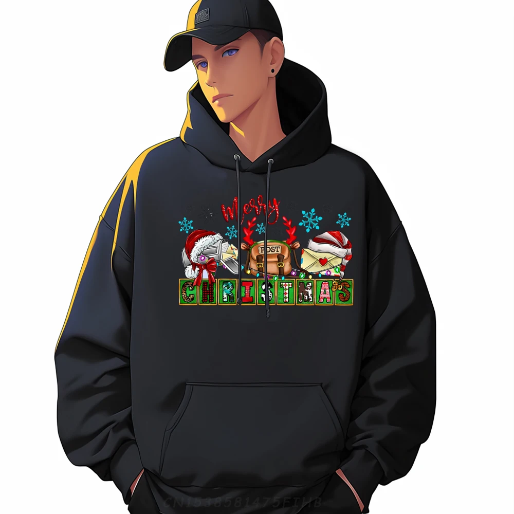 Merry Post Christmas Postal Worker Post Office Santa Hat Mens Clothing Plus Size Anime Print Pullover