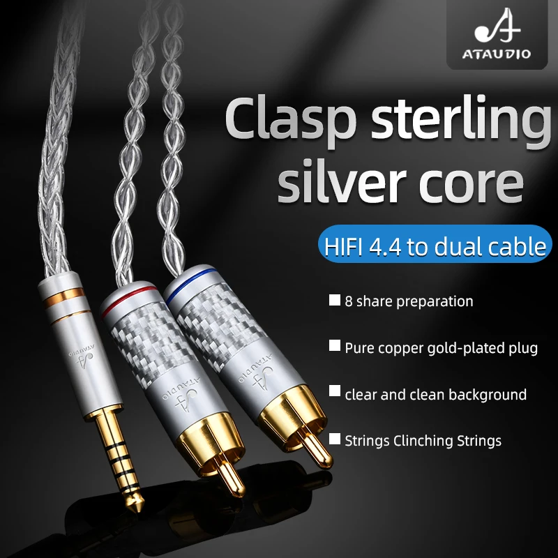 ATAUDIO HIFI Pure Silver 4.4mm to 2RCA Aux Audio Cable Headphone Amp Connecting Cable With 24K Gold Plated Plug