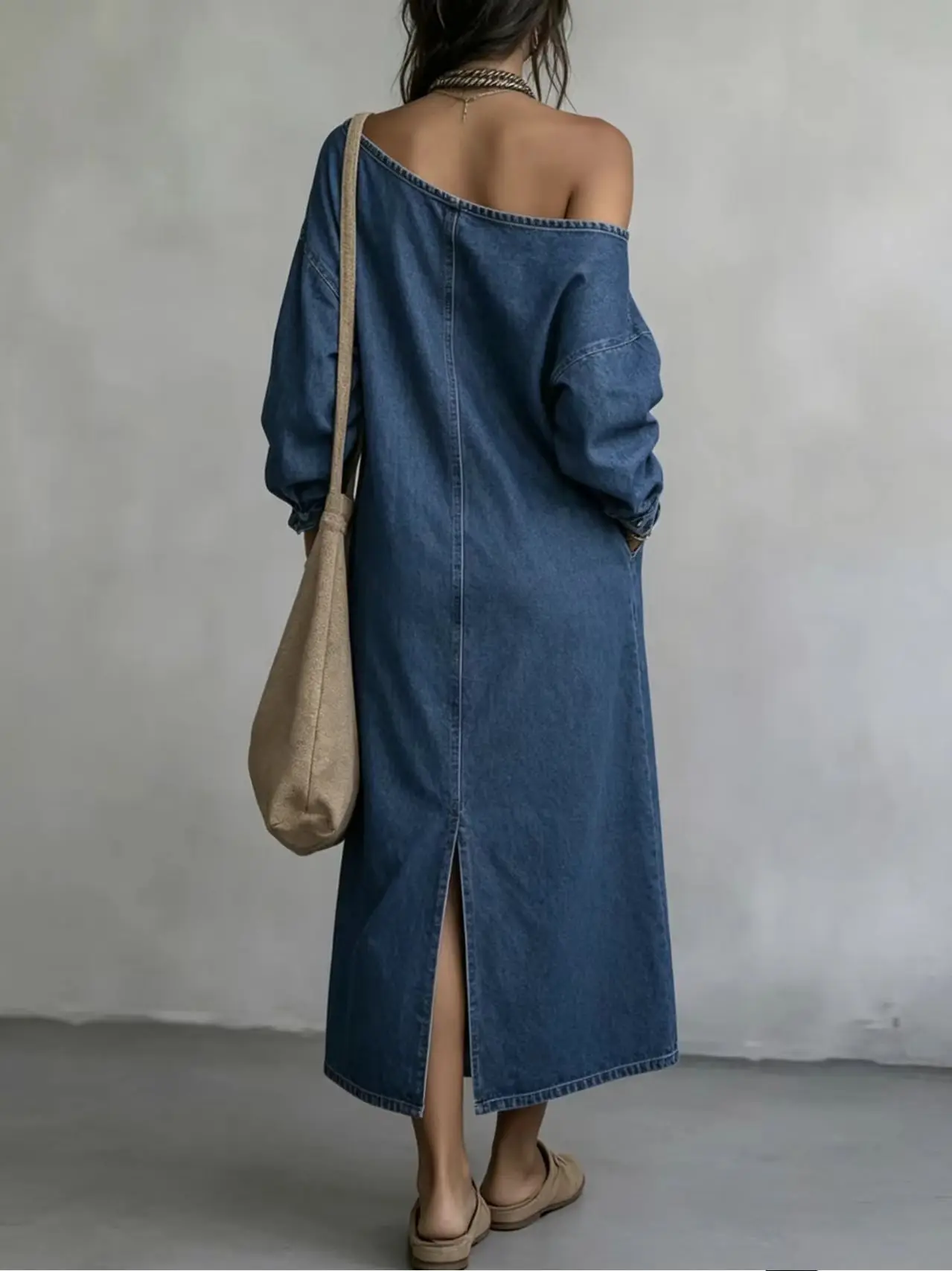 2026 New Autumn Winter Women Denim Dress Asymmetric Neck Long Sleeve Pocketed Button Decor Slit Hem Casual Fashion Long Dress - view 4