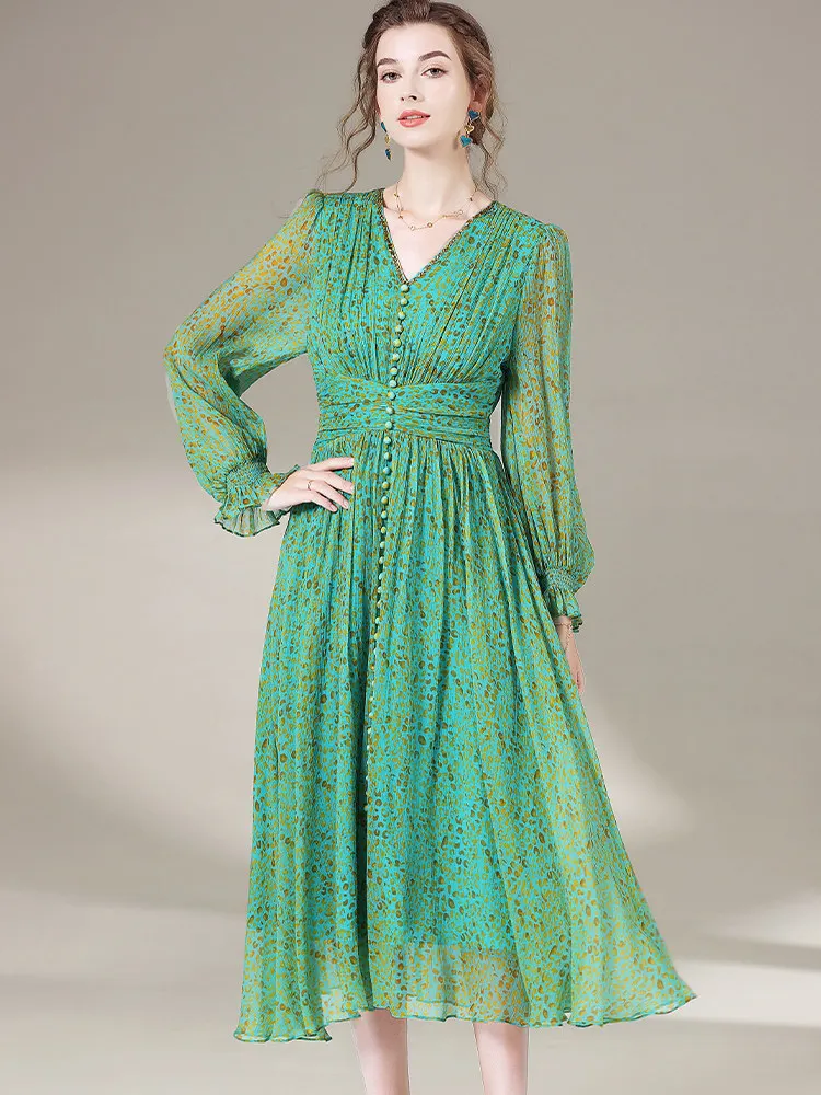 AYUNSUE 100% Real Mulberry Silk Dress Elegant Dresses for Women Summer Woman Clothes Party Dress Leopard Print Платье Женское
