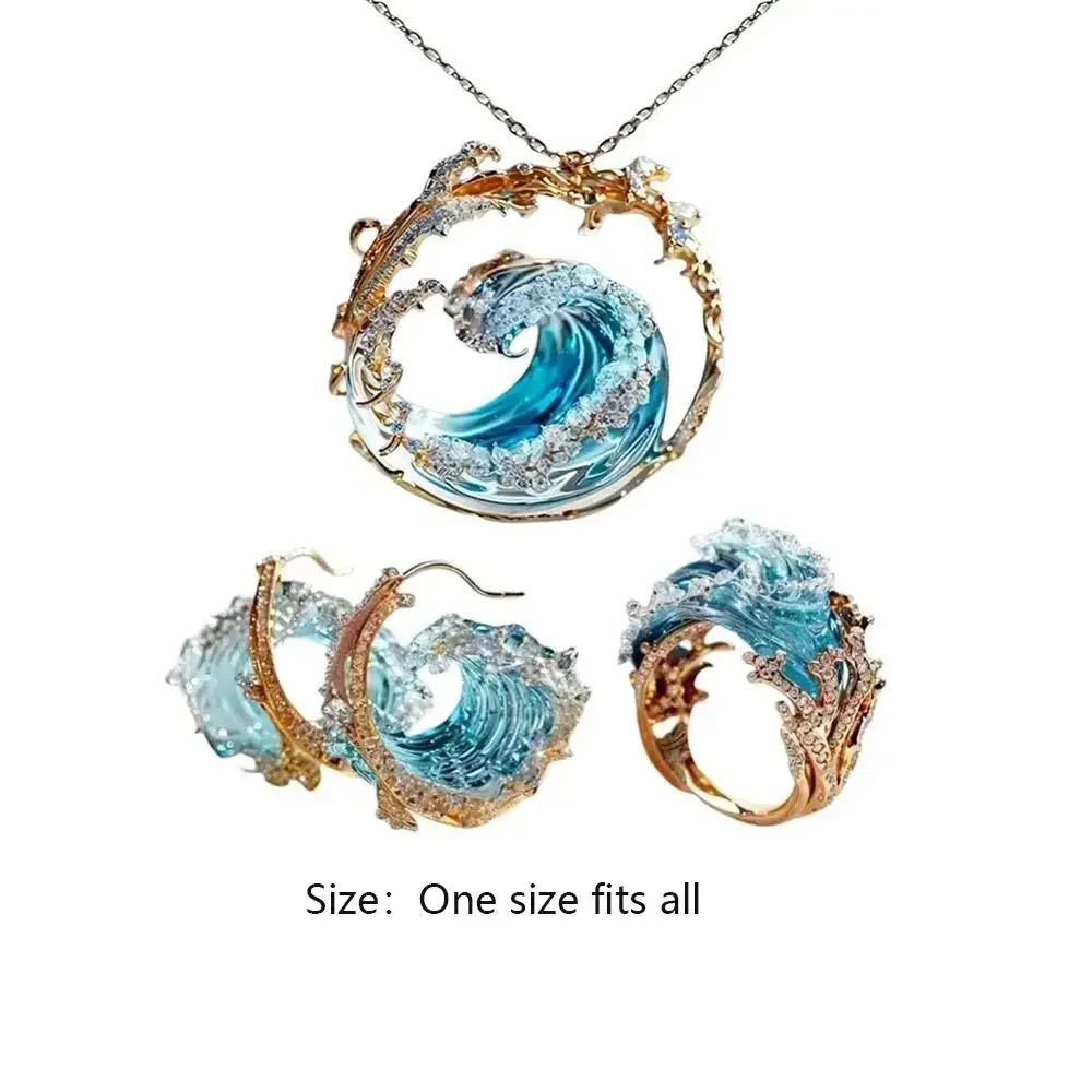 High Quality Resin Crafts Creative Rings Sky Blue Necklaces Luxury Crystal Jewelry Earrings Wave Pendant Holiday Gifts