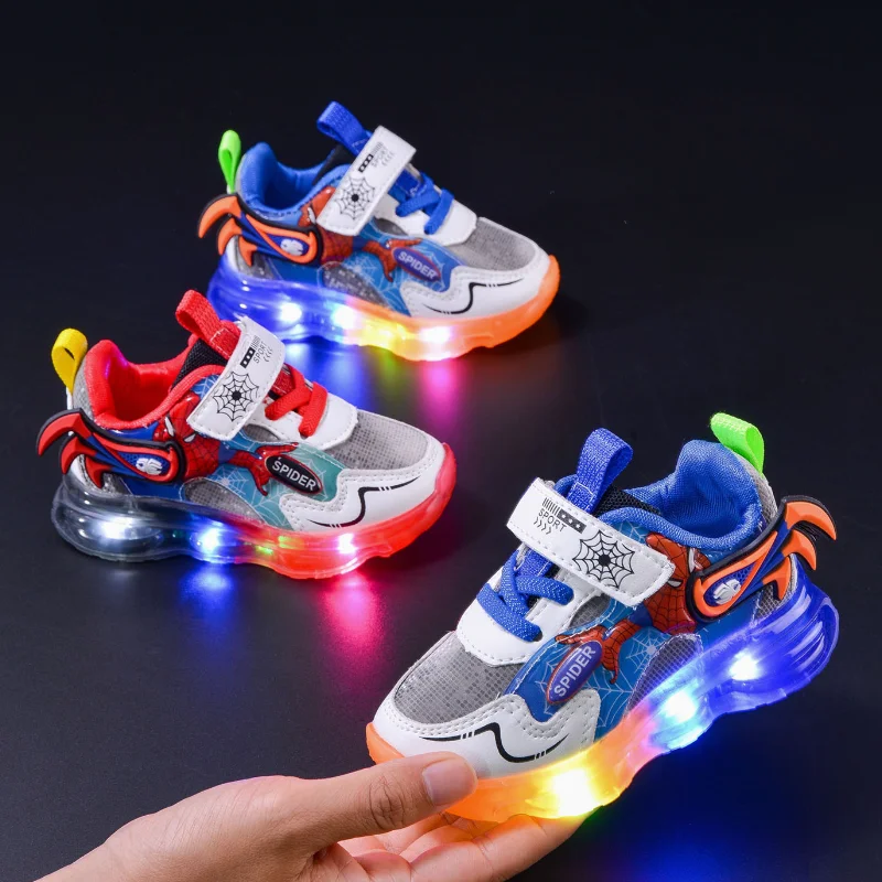 Children\'s Led Lighted Shoes Baby Boys Luminous Shoes Disney Kids Sport Shoes Cartoon Spiderman Boys Outdoor Shoes Student Shoes