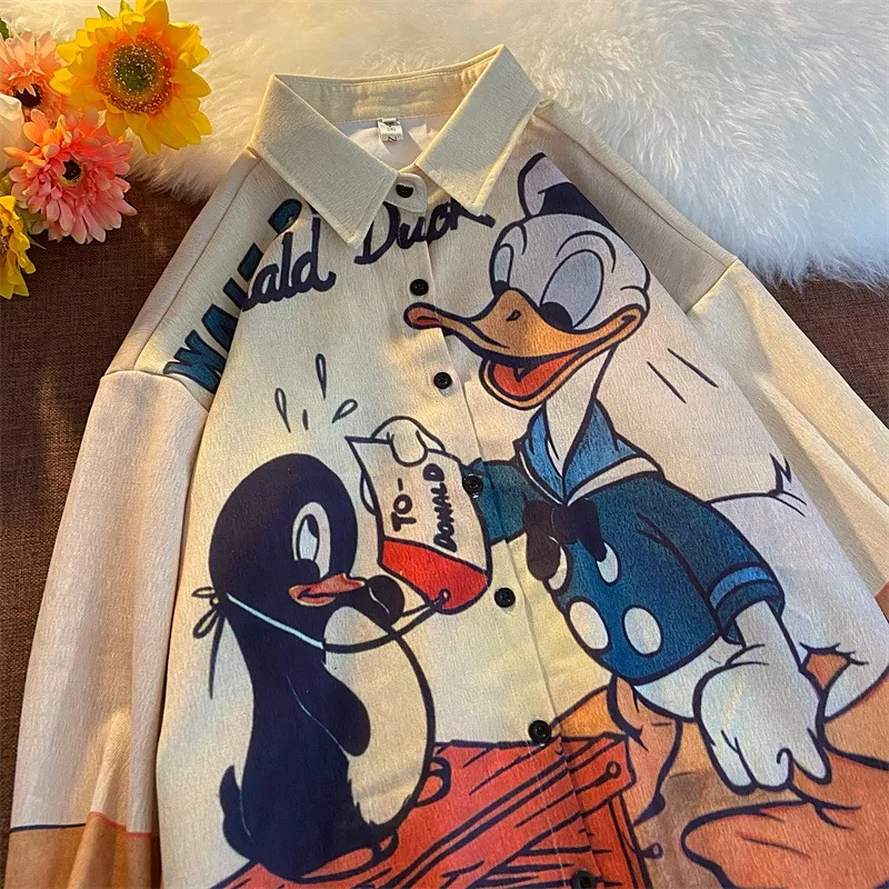 Imagem -06 - Camisa de Manga Comprida Estampada de Algodão Disney Camisa Solta Casual Estampa Pato Donald Top Casal Moda Outono Ins Nova Chegada 2023