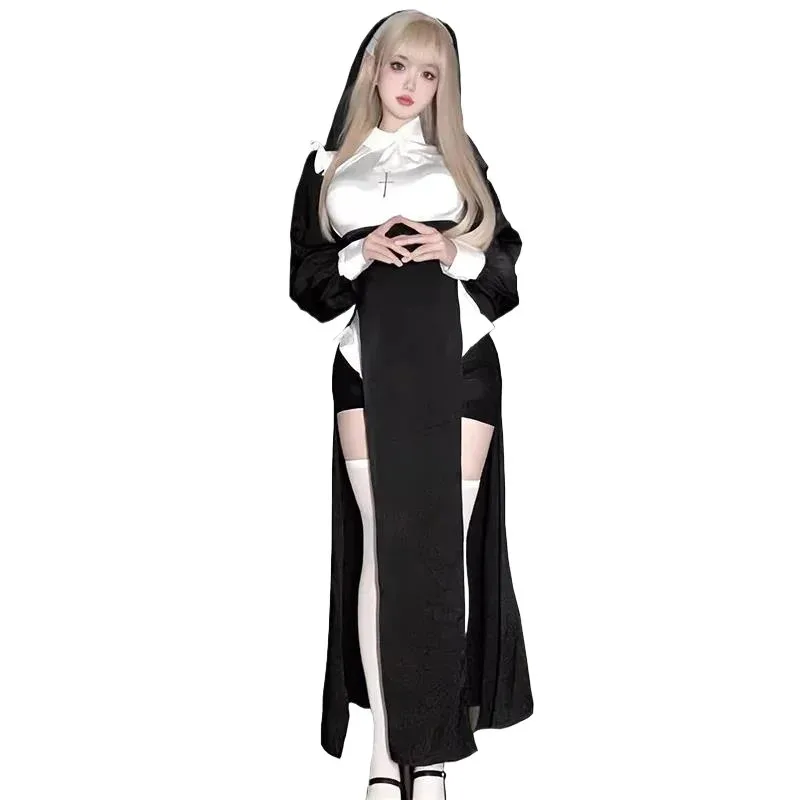 Disfraz de monja de Anime para mujer, disfraz de espectáculo, traje Sexy para actuación de Halloween, vestido elegante, uniforme de hermana Cos
