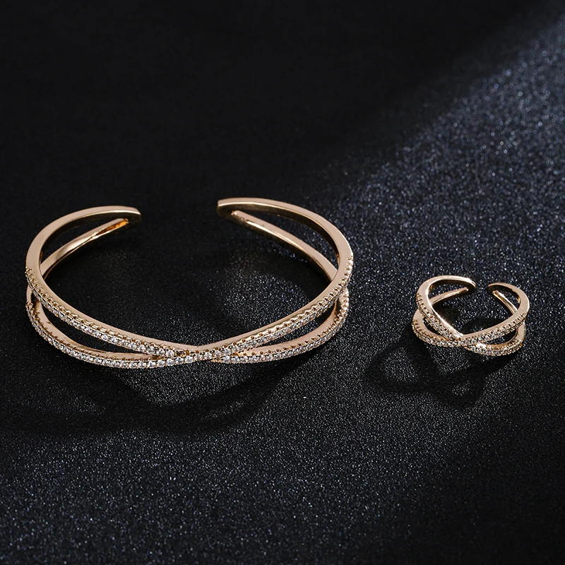 Ensemble de bagues et Bracelets croisés à Double rangée pour femmes, en ZIRCON AAA, cadeau de haute qualité, accessoires de fête de mariage