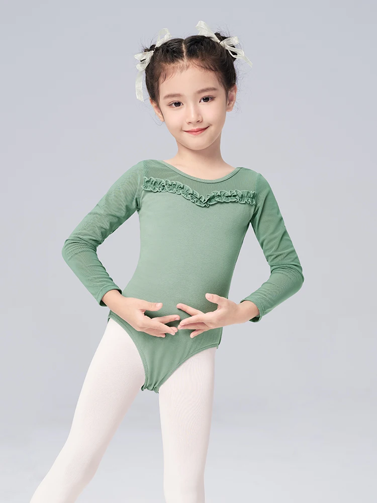 Girls Ballet Cotton Mesh Splice Dance Leotards Kids Gymnastics Dance Long Sleeves Children Elegant Lace Costumes