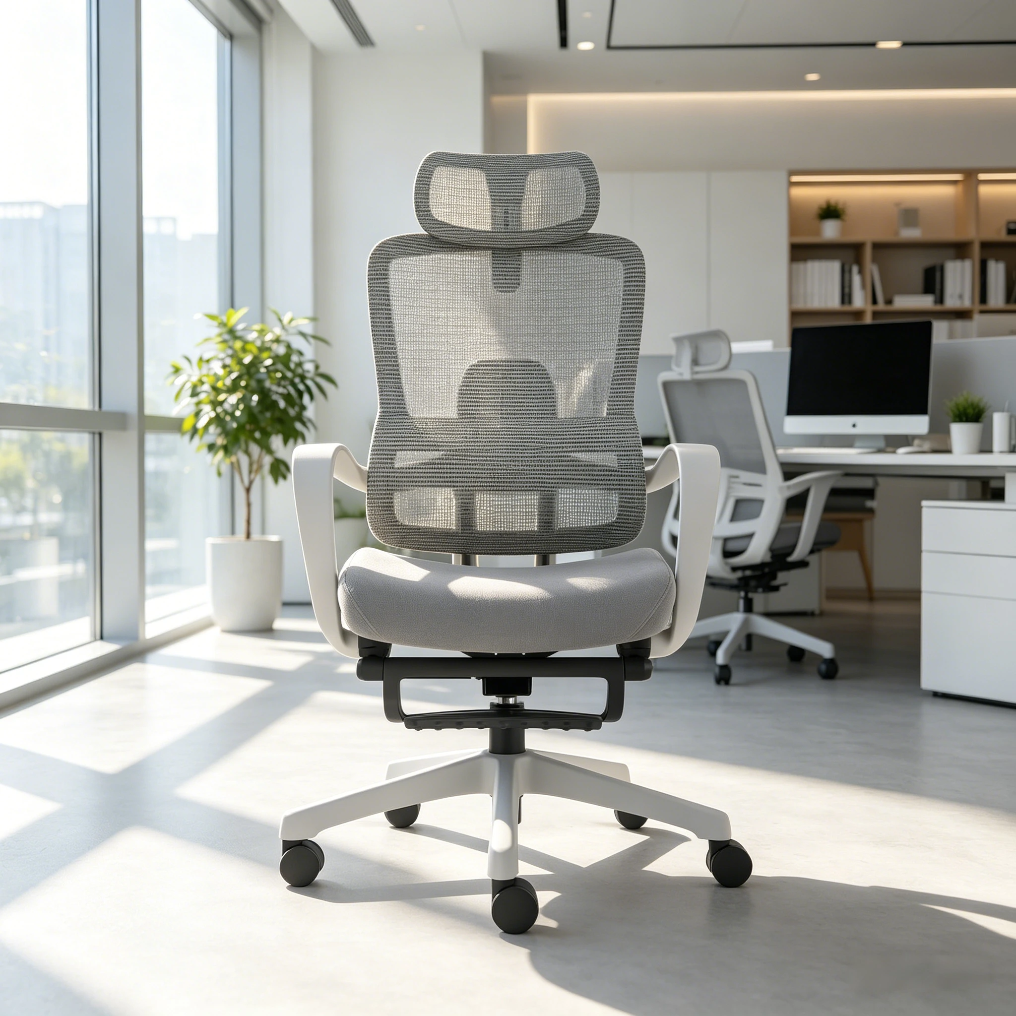 Modern Ergonomic Adjustable Height Office Chair Gray Mesh High Back Fixed Armrests Recliner Retractable Footrest Home Office