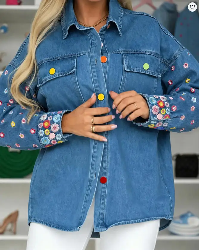 Women's Fashion Floral Embroidered Denim Jacket 2026 Spring Autumn New Colorful Button Down Jean Coat Casual Washed Shacket