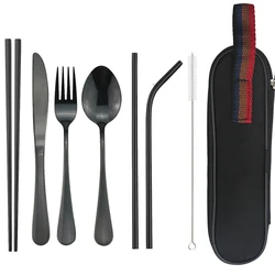 Travel Hiking Portable Dinnerware Set with Pouch Reusable Stainless Steel Straw Cutlery Knife Spoon Fork Chopsticks Silverware