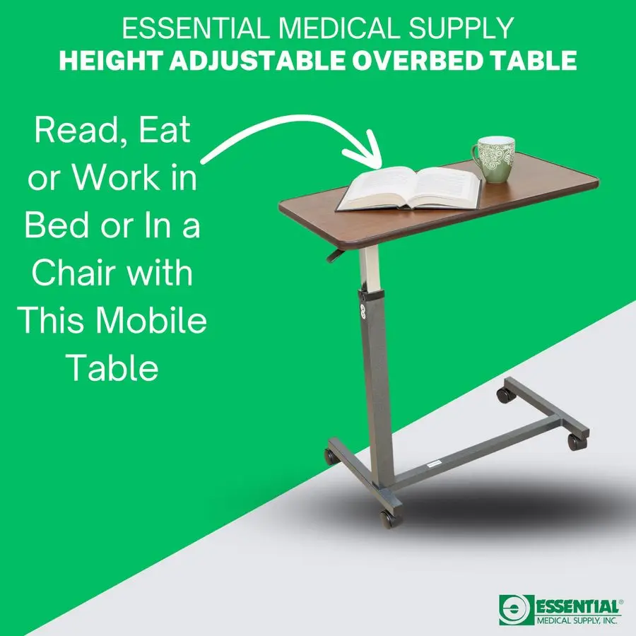 Height Adjustable Automatic Overbed Table Woodgrain Top with Locking Wheels, Perfect for Hospital and Home Use Table for Easy A