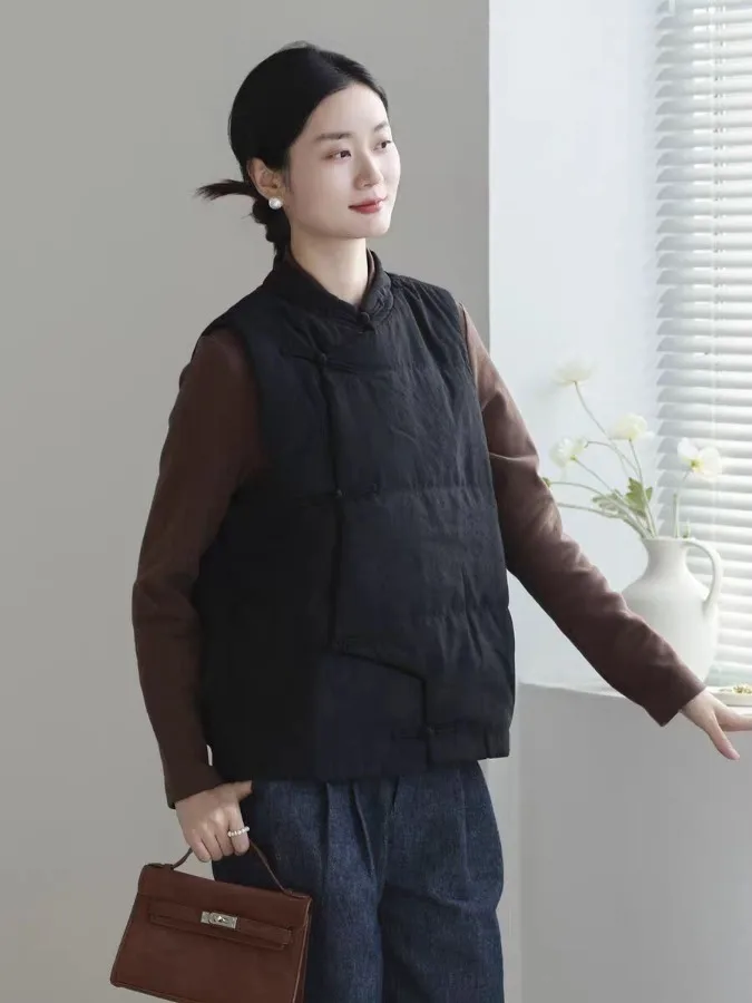 

Теплый хлопковый жилет-джат с воротником-стойкой и пуговицами, свободный крой, женская одежда в китайском стиле в стиле ретро от Meimei Da