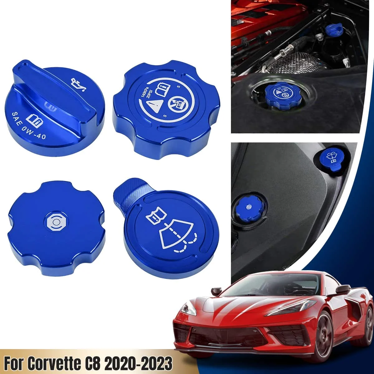 

Engine Oil Cap Radiator Water Tank Coolant Cap Brake Fluid Cap Trim Blue for Chevrolet for Corvette C8 Stingray Z51 2020-2025