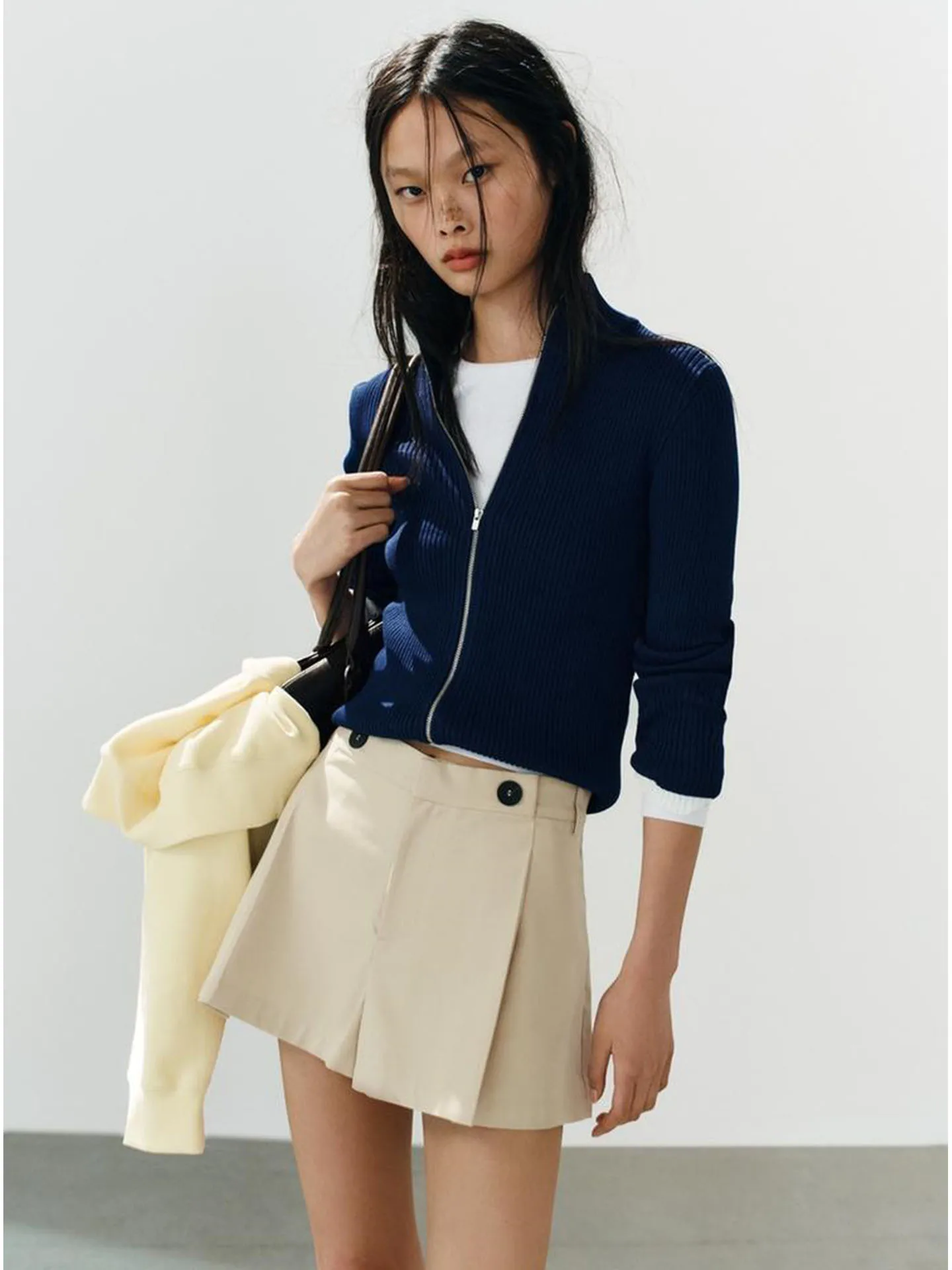 High Waist Wide Leg Short Pants Women's Casual Style Zipper Folded Decorative Button Autumn New Arrival Polyester Fiber