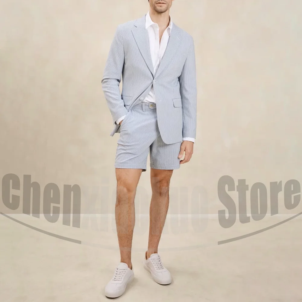

Men Seersucker Striped Two Pieces Suit Single Breasted Notched Lapel Blazer And Casual Short Pants Summer Breathable Outfit