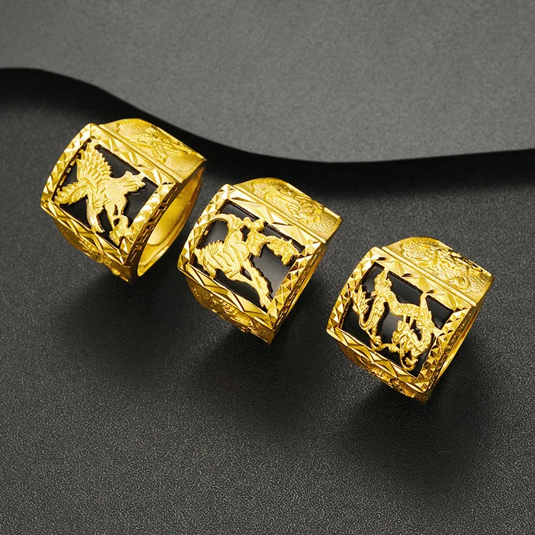Men's 2026 New Gold Plated Green Agate Signet Ring With Eagle Dragon Horse Relief Fashion Jewelry For Men Daily Wear Birthday