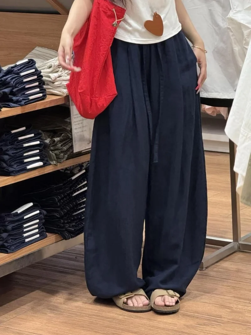 Breathable Lazy Wide Leg Pants Summer Casual  Linen Pants Draping Loose Fit Comfortable Women's High Waist Elastic Waist