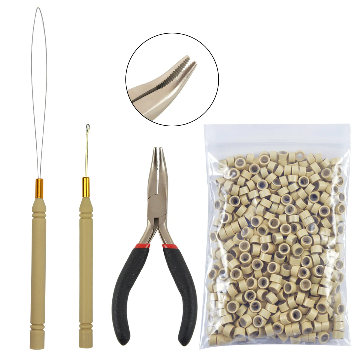 Kit de herramientas para extensiones de cabello, alicates de pelo i-tip, microcuentas de silicona, anillos, bucle de tracción, aguja de gancho enhebrador, 500 piezas