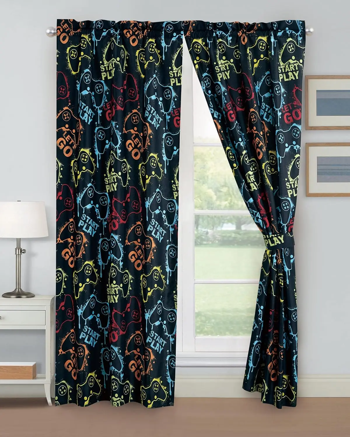Colorful Game Graffiti Curtains Start Play Text Gamer Print for Kids Room Bedroom Window Home Decor