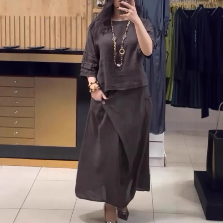 

Women's Casual Solid Color Linen Dress Suit Vintage 2025 Round Neck Half Sleeve Top Pullover And A-line Skirt Loose 2-piece Set