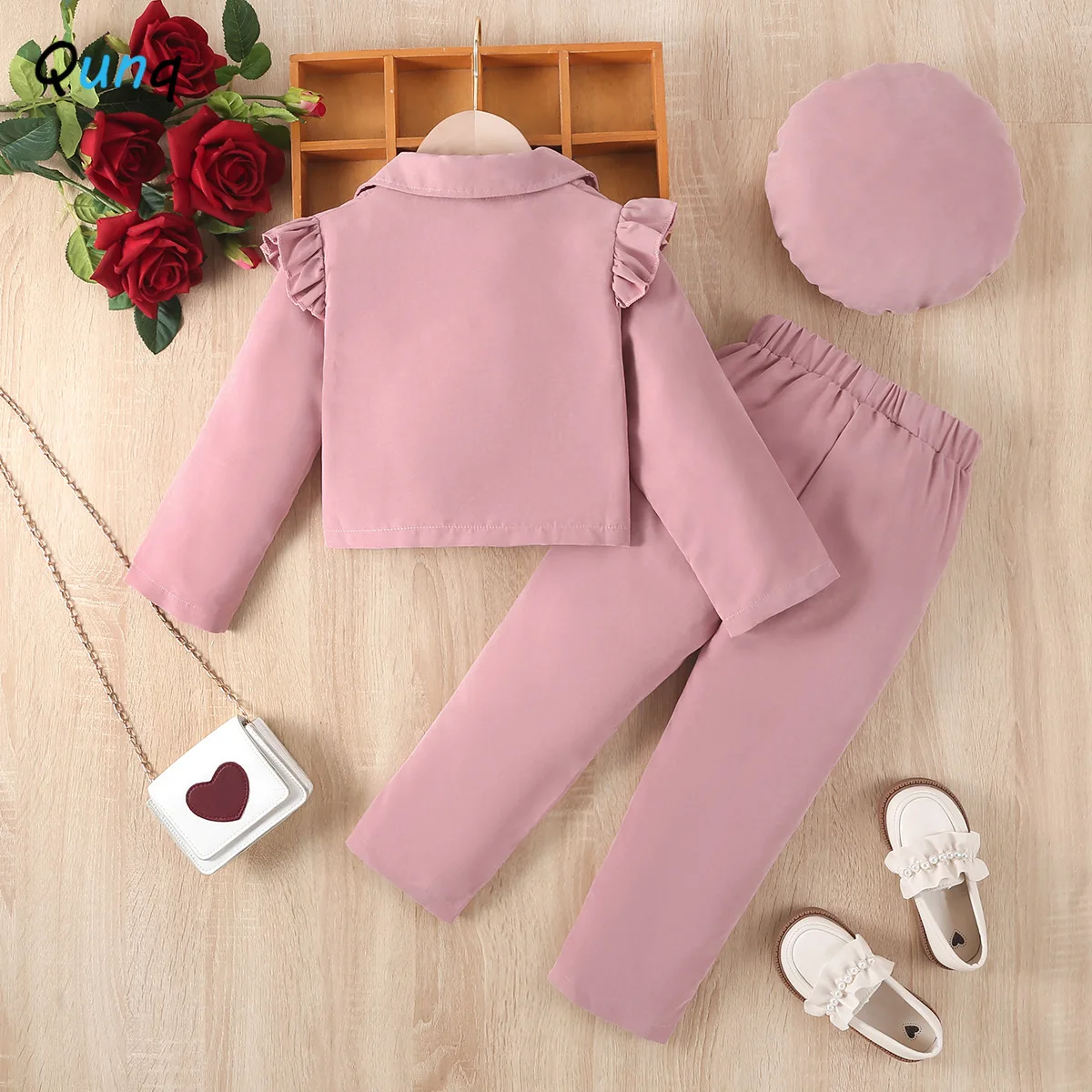 Qunq 2023 Autumn Winter New Girls Solid Long-sleeved Button Suit + Pants And Cap 3 Pieces Set Casual Kids Clothes Age 3T-8T