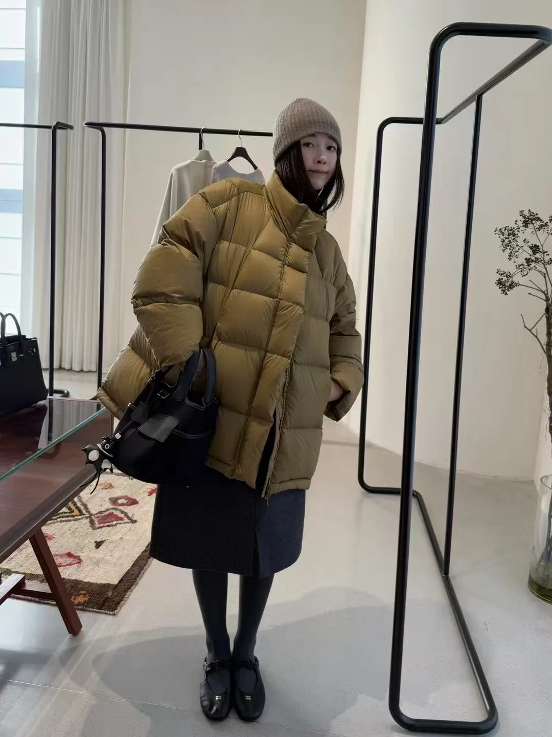 

Утепленное пуховое пальто средней длины свободного кроя с воротником-стойкой и дизайном Turtle Ba для женщин, корейский стиль, зимнее пальто