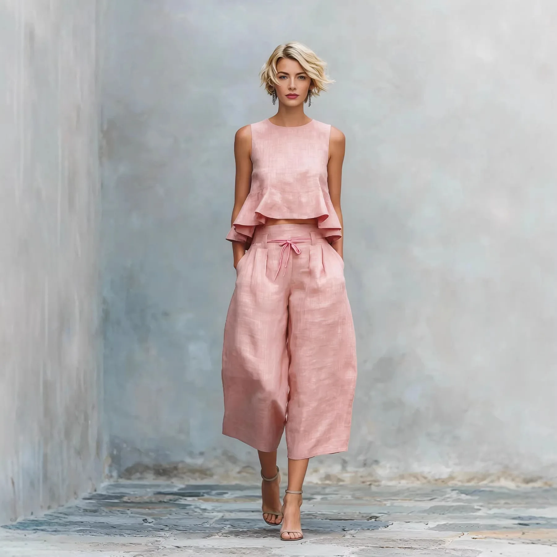 

2026 new temperament linen blend two-piece set with lotus leaf edge