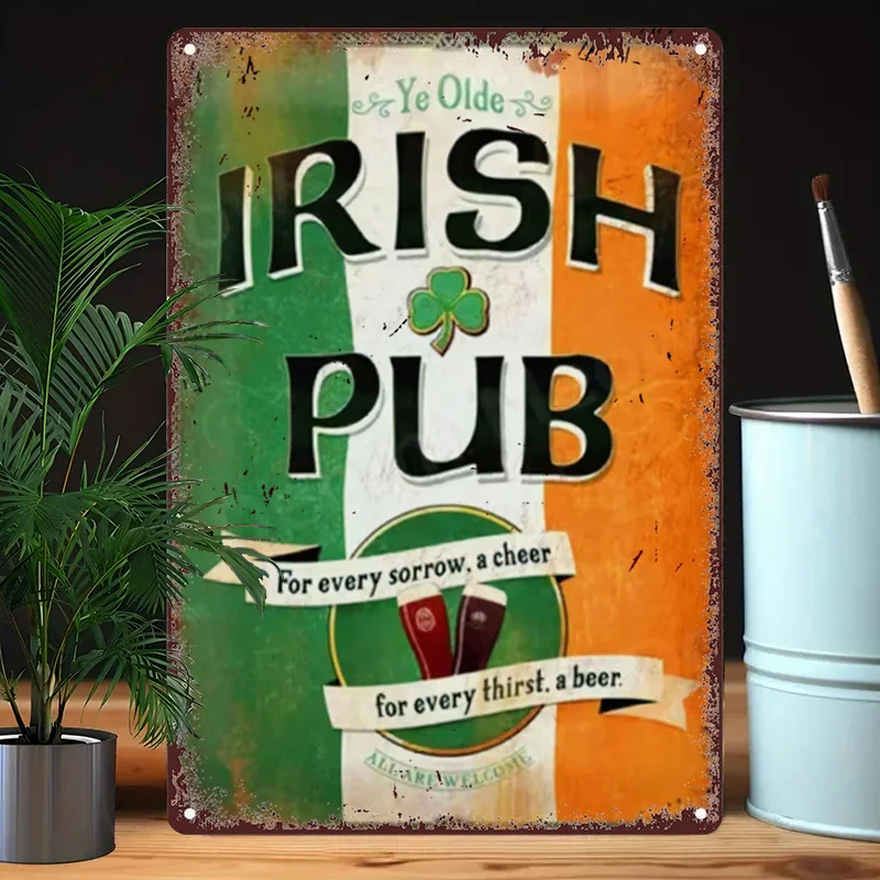 Letrero de metal vintage Irish Pub Cheers: arte de pared de hojalata retro para bares, cafeterías, casas de playa y patios al aire libre, perfecto para habitación