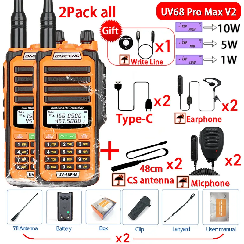 Baofeng UV-68 PRO MAX Walkie Talkie Larger Capacity High Power IP68 Waterproof Long Range Distance Dual Band TypeC Upgrade UV9R