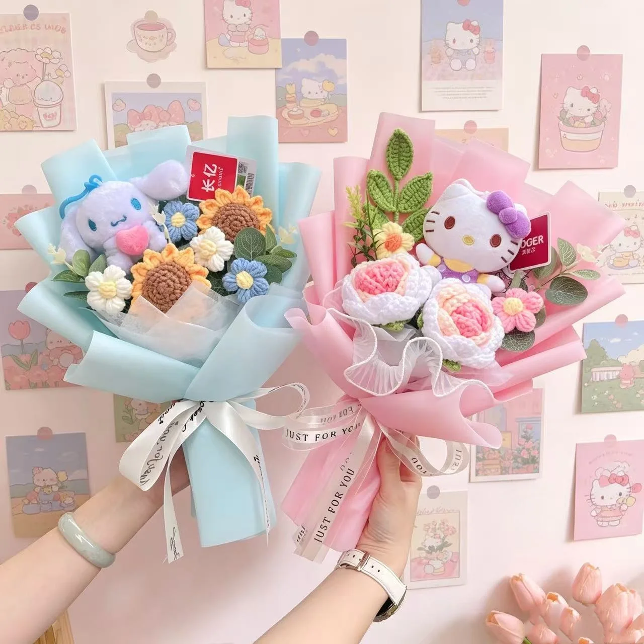 

Genuin My Melody Kuromi Cinnamoroll Hellokitty Plush Toy With Crochet Flowers Creative Sanrio Handmade Bouquets Perfect Gifts